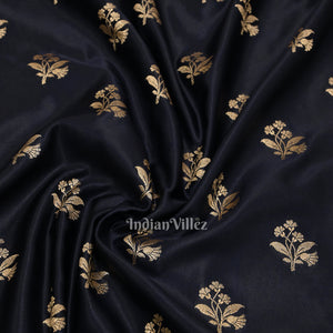 Navy Blue Flower Motif Mashru Satin Silk Banarasi Saree