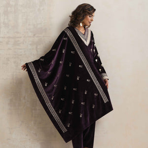trueBrowns Wine Velvet Floral Embroidered Kurta Pant Dupatta Set