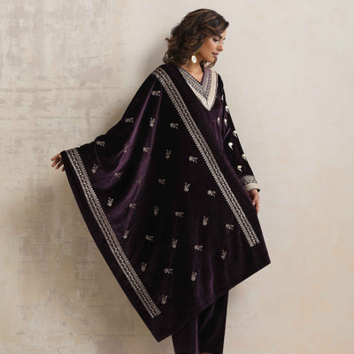 trueBrowns Wine Velvet Floral Embroidered Kurta Pant Dupatta Set