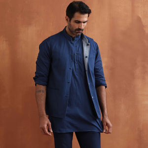 trueBrowns Men's Blue Chanderi Reversible Nehru Jacket