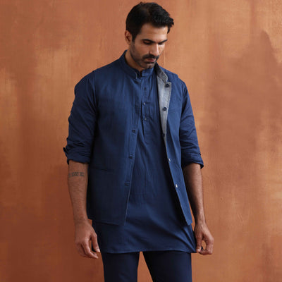 trueBrowns Men's Blue Chanderi Reversible Nehru Jacket