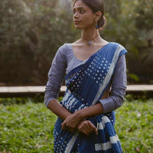 Indigo Jaipur Cotton Saree With With small printed polka dots across the saree