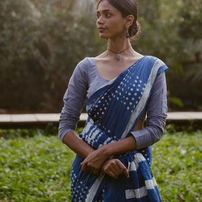 Indigo Jaipur Cotton Saree With With small printed polka dots across the saree