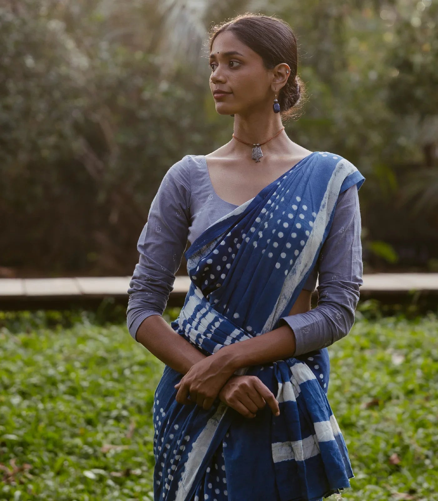 Indigo Jaipur Cotton Saree With With small printed polka dots across the saree