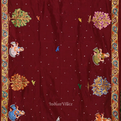 Maroon Ardha Chandra Krishna Rasa Leela Hand-Painted Pattachitra Saree (Pre Order)