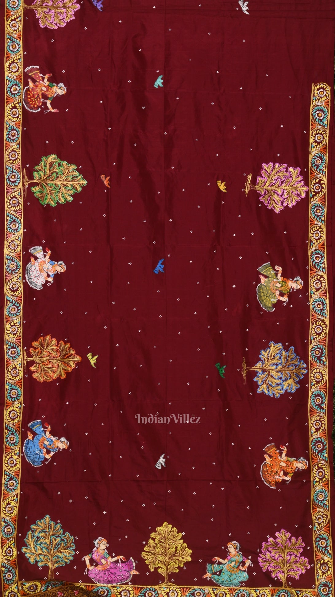 Maroon Ardha Chandra Krishna Rasa Leela Hand-Painted Pattachitra Saree (Pre Order)