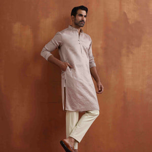 trueBrowns Men's Beige Sequin Chanderi Kurta