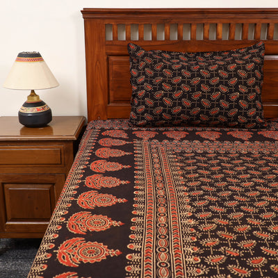 Black - Block Print Cotton Double Ajrakh Bed Sheet Set 01