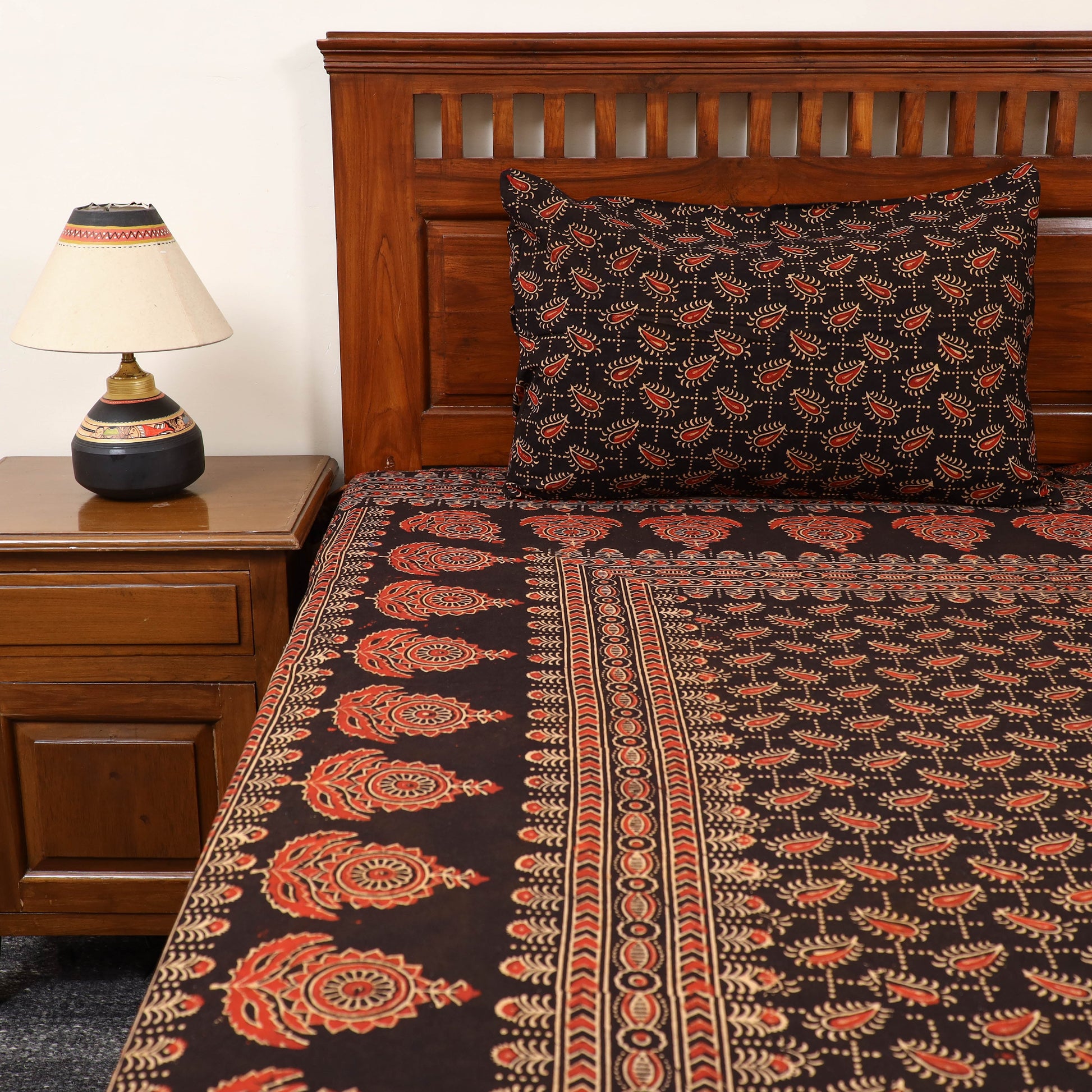 Black - Block Print Cotton Double Ajrakh Bed Sheet Set 01