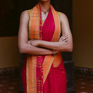 Red Handloom Bhujodi Cotton Saree With Bhujodi/kutch style buttis