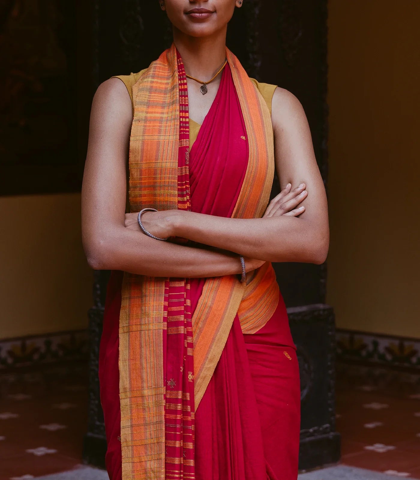 Red Handloom Bhujodi Cotton Saree With Bhujodi/kutch style buttis