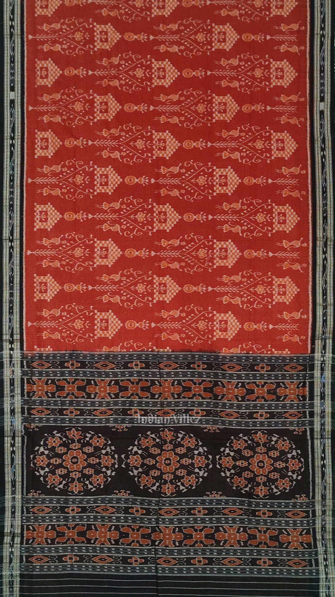 Maroon Red Black Tribal Theme Odisha Ikat Sambalpuri Cotton Saree