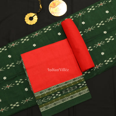 Green Red Flower Buti Odisha Ikat Sambalpuri Dress Set & Dupatta