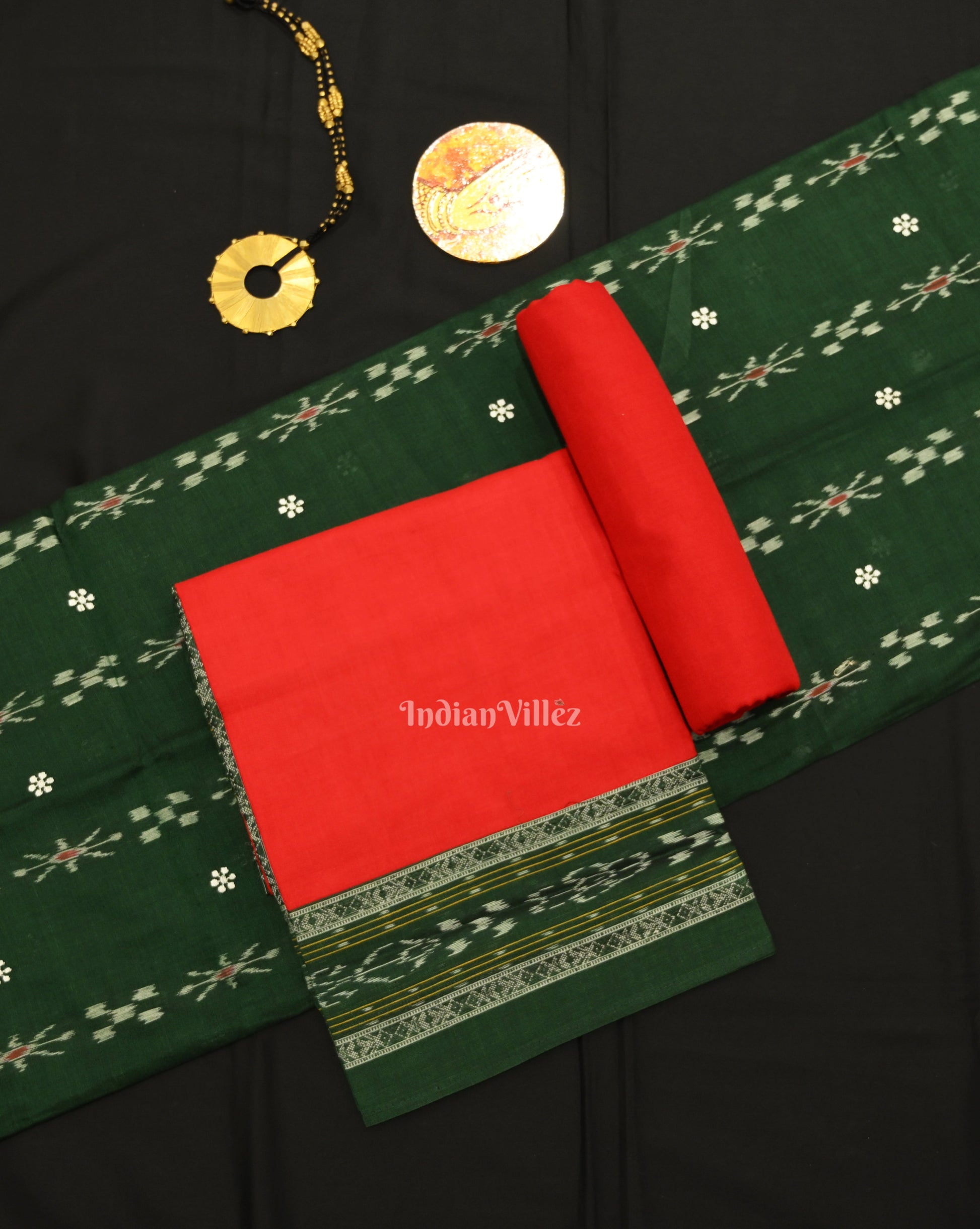Green Red Flower Buti Odisha Ikat Sambalpuri Dress Set & Dupatta