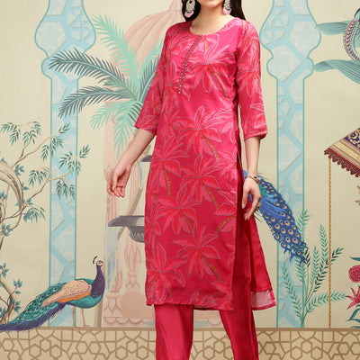 Floral Printed Round Neck Mirror Work Straight Kurta with Trousers & Dupatta