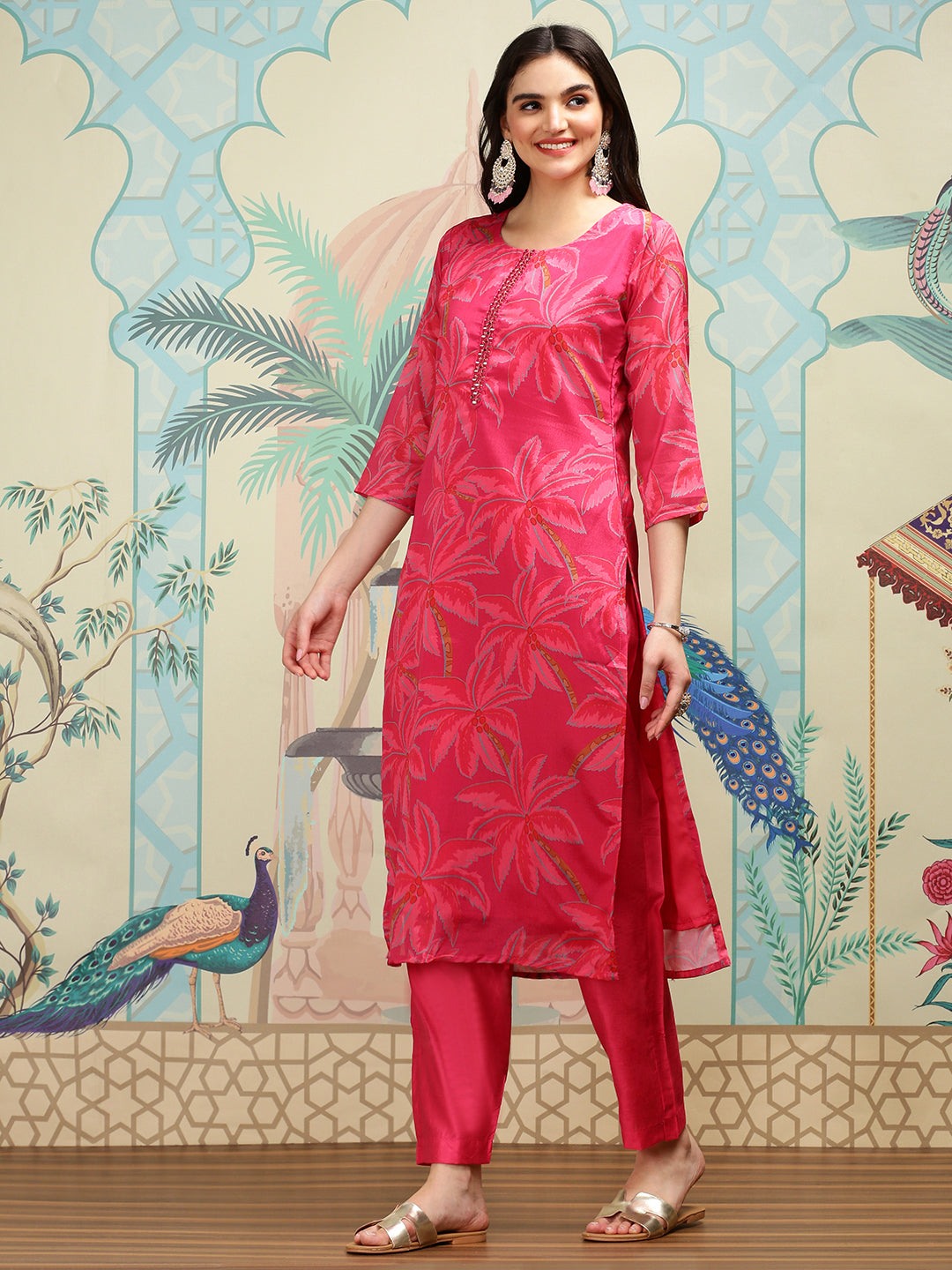 Floral Printed Round Neck Mirror Work Straight Kurta with Trousers & Dupatta