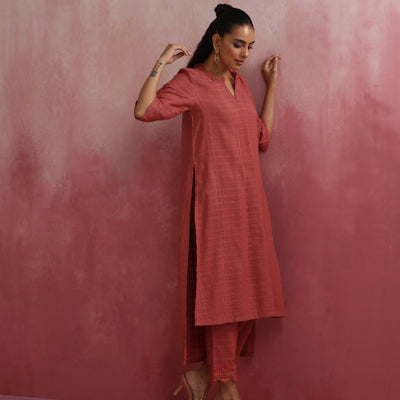 trueBrowns Peach High low Cotton Dobby Kurta Set