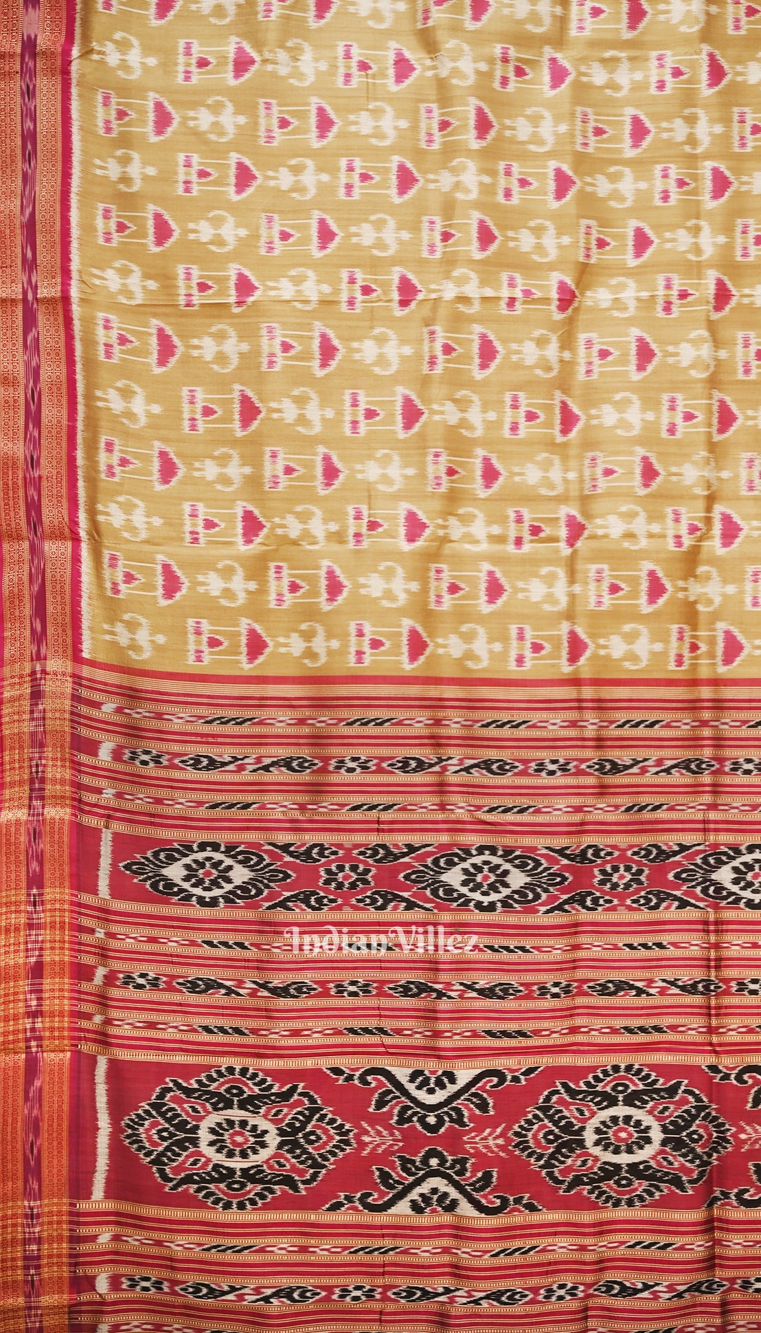 Golden Pink Tribal Art Odisha Ikat Khandua Silk Saree