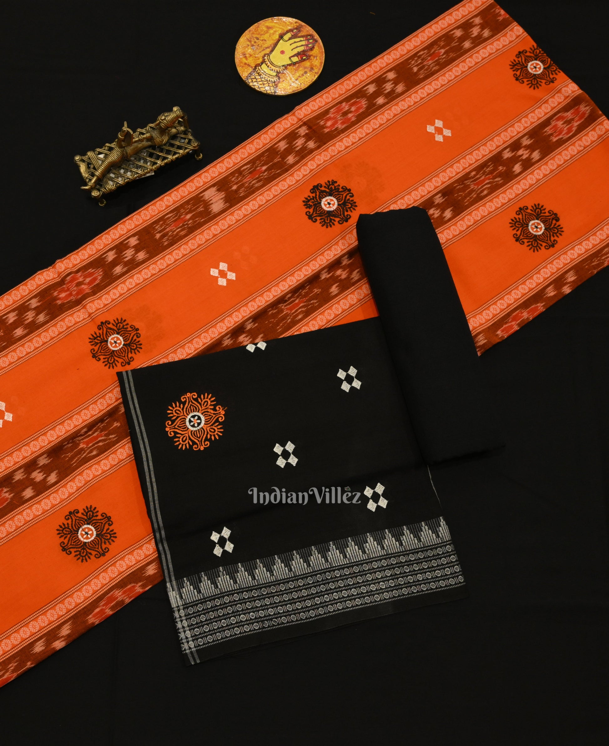 Orange Sambalpuri Cotton Bomkai Dress Material & Dupatta