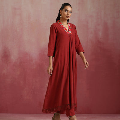 trueBrowns Maroon Cotton Dobby Kurta Set
