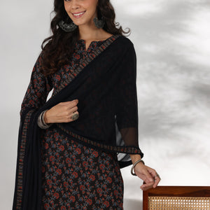 Black Printed Cotton Straight Suit With Dupatta