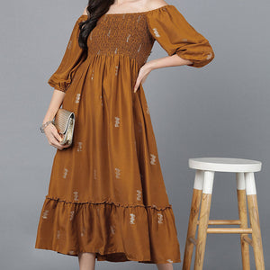 Brown Poly Silk Embellished Midi Dress VD1278