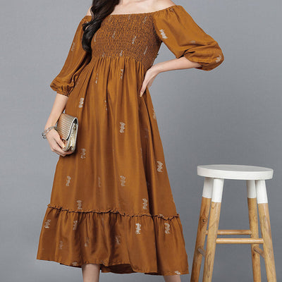 Brown Poly Silk Embellished Midi Dress VD1278