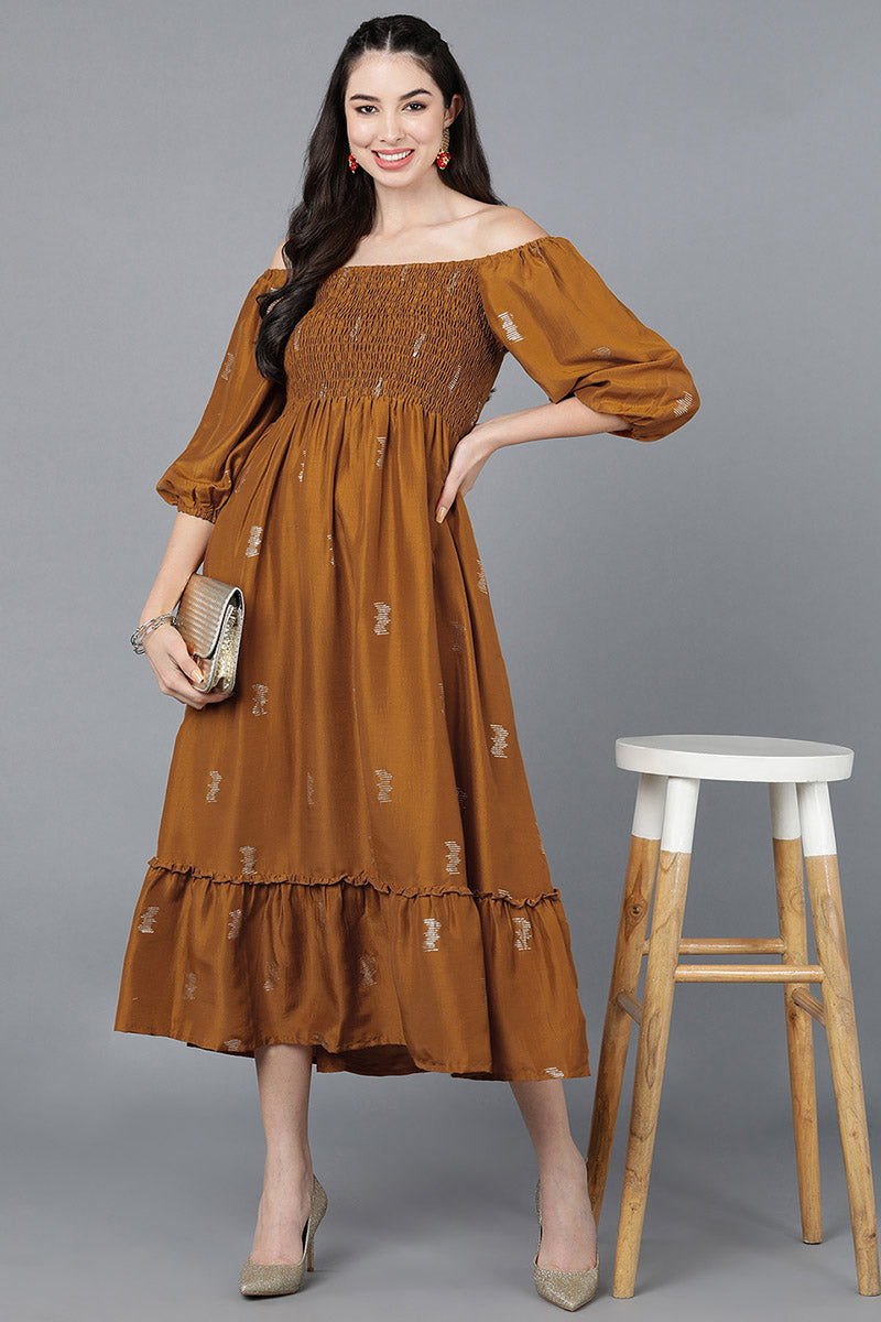 Brown Poly Silk Embellished Midi Dress VD1278