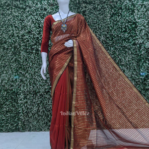 Red Stripped Pure Silk Cotton Maheshwari Saree