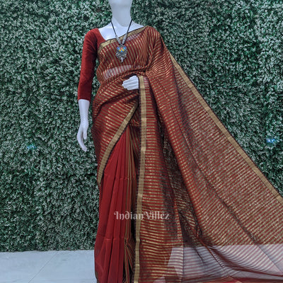 Red Stripped Pure Silk Cotton Maheshwari Saree