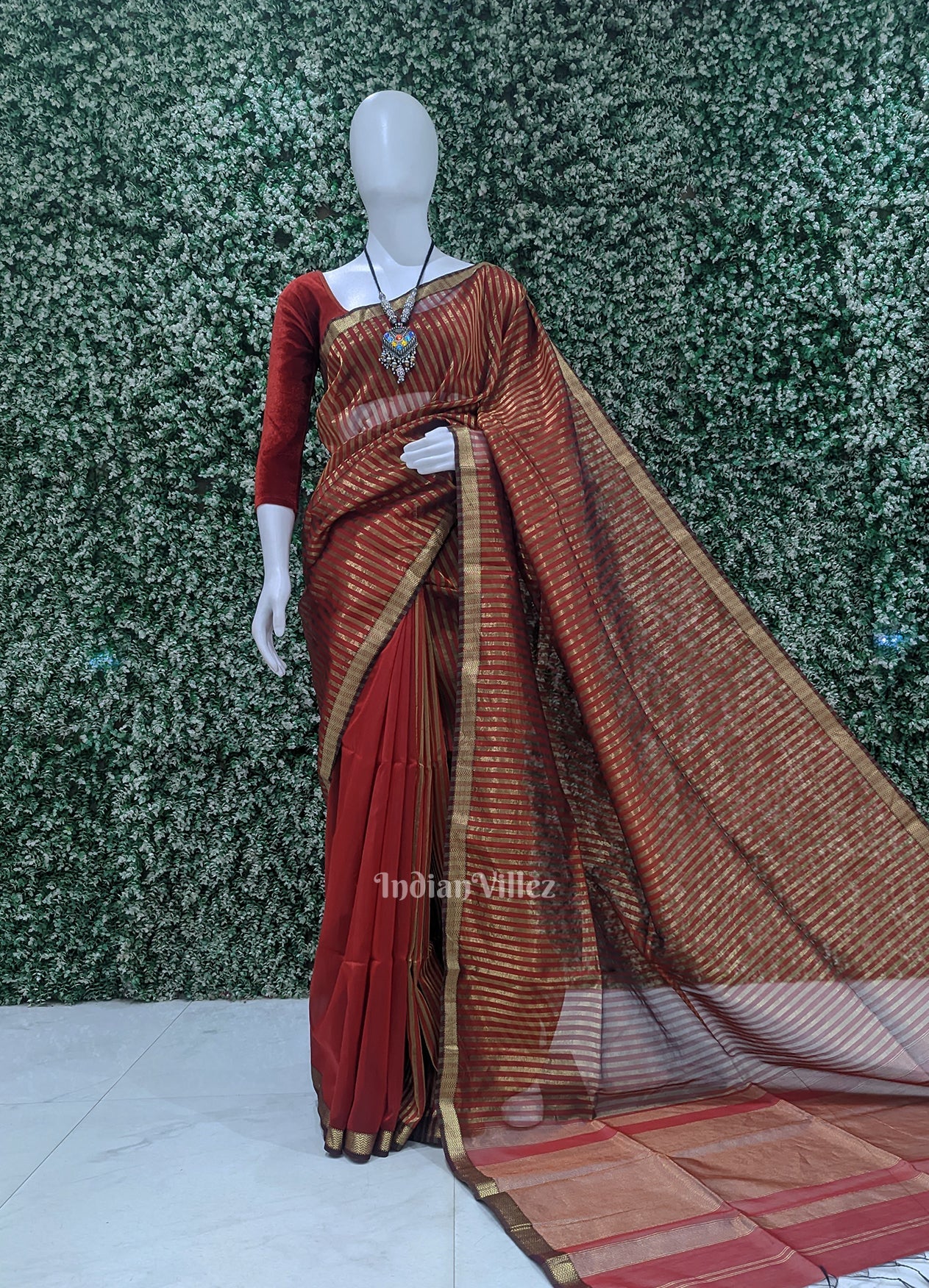Red Stripped Pure Silk Cotton Maheshwari Saree