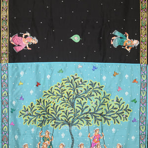 Black Blue  Raja Doli Theme Hand-Painted Pattachitra Saree