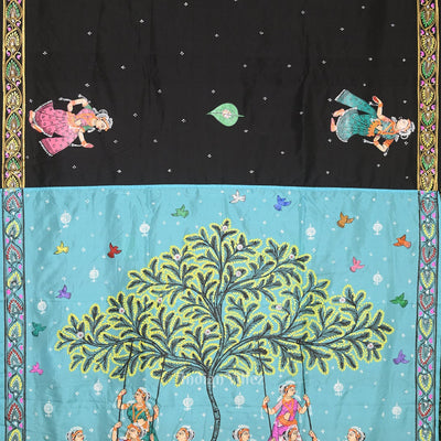 Black Blue  Raja Doli Theme Hand-Painted Pattachitra Saree