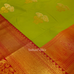 Parrot Green Brocade with Rani Pink Border Kanjivaram Silk Saree