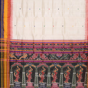 White Kathiphera Khandua Silk Saree with Odissi Dancer Pallu
