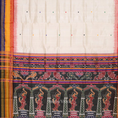 White Kathiphera Khandua Silk Saree with Odissi Dancer Pallu
