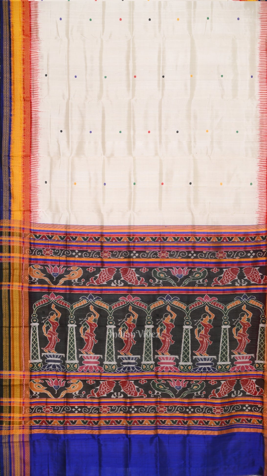 White Kathiphera Khandua Silk Saree with Odissi Dancer Pallu