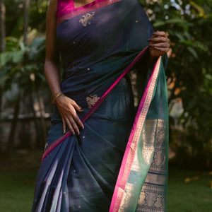 Teal Handloom Kanchi Cotton Saree With Yazhi Buttas