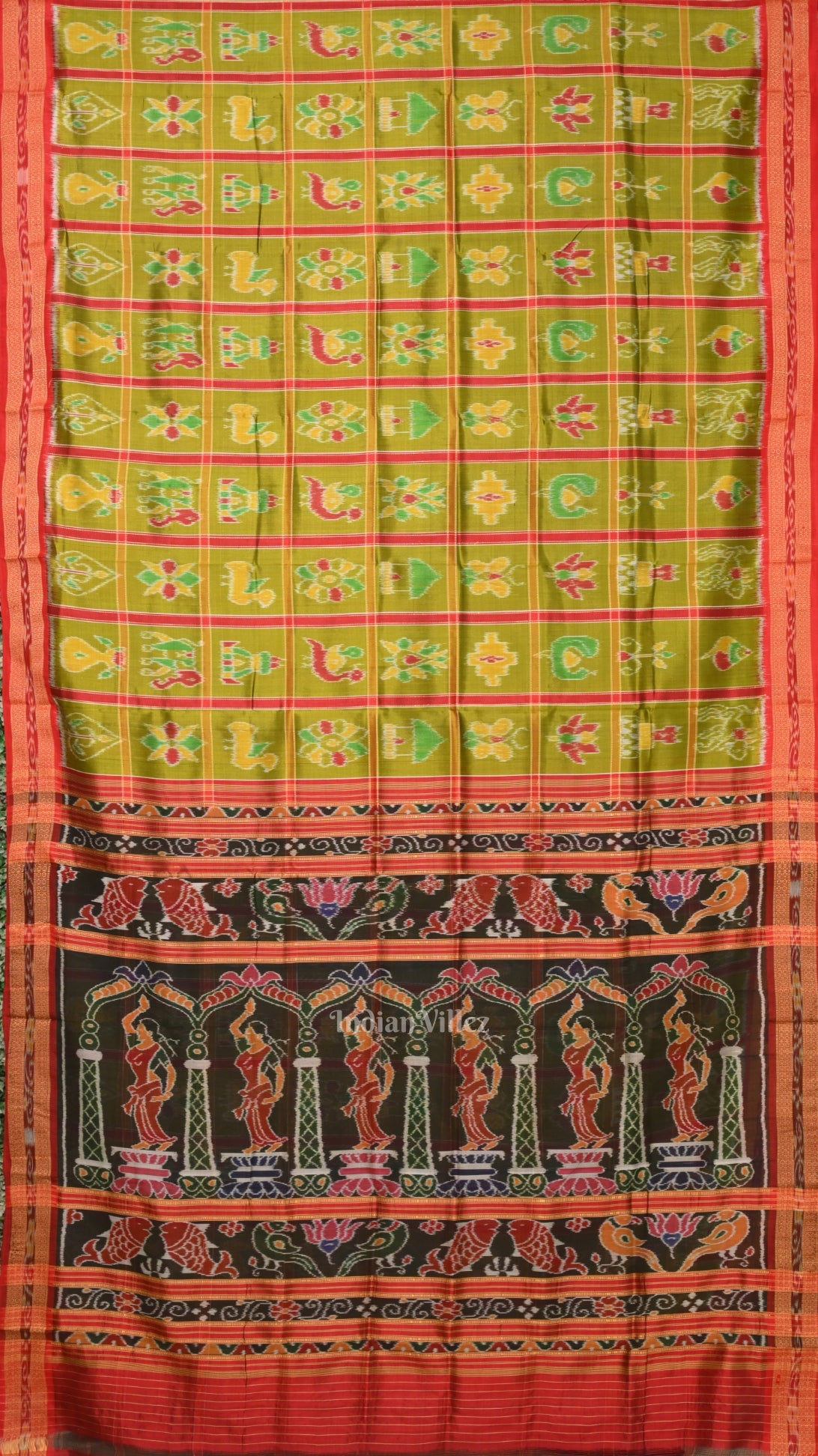 Mehendi Green Nabakothi Odisha Ikat Khandua Silk Saree with Nartaki Anchal