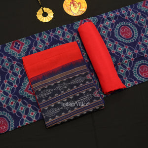 Blue Red Jhoti Theme Odisha Ikat Sambalpuri Dress Set & Dupatta