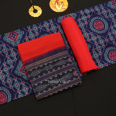 Blue Red Jhoti Theme Odisha Ikat Sambalpuri Dress Set & Dupatta