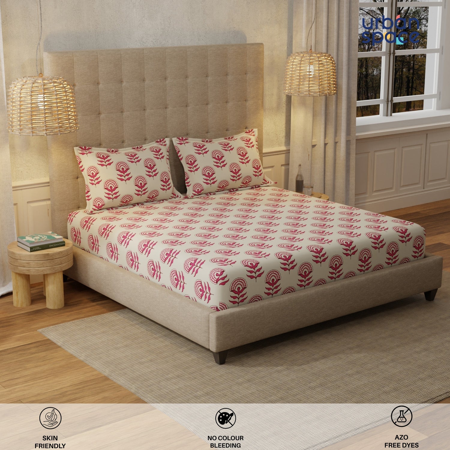 Serene 200 TC 100% Cotton Single Bedsheet with Pillow Covers - Florabell Cherry Red