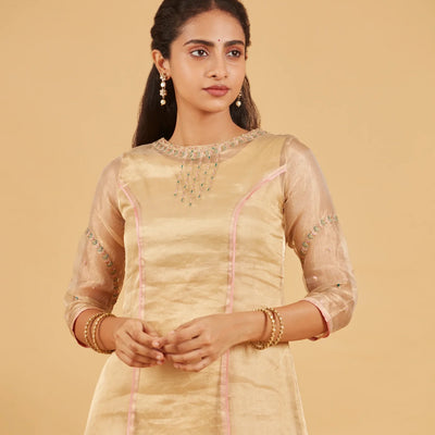 Beige And Gold Tissue Kurta