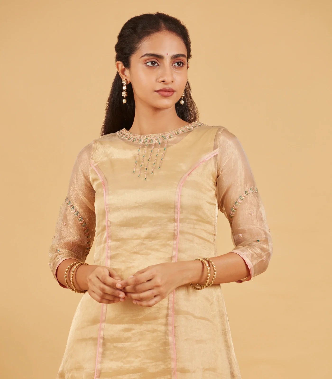 Beige And Gold Tissue Kurta