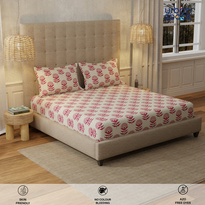 Serene 200 TC 100% Cotton Bedsheet with Pillow Covers - Florabell Cherry Red