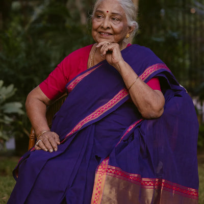 Violet Handloom Venkatagiri Cotton Saree With Border in a checkered pattern