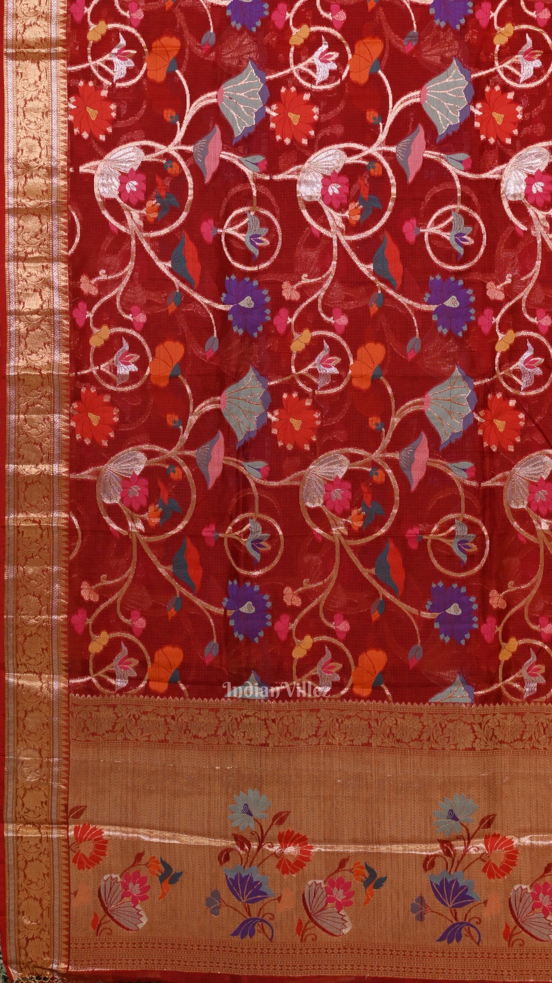 Maroon Jamdani Banarasi Kota Silk Saree