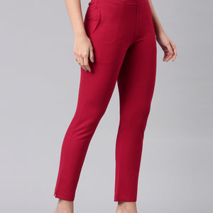 Women Solid Dark Red Mid Rise Smart Fit Kurti Pant