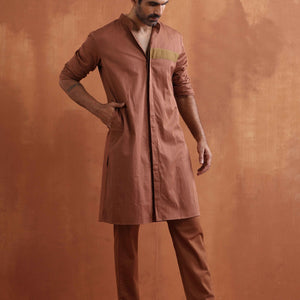 trueBrowns Men's Brown Cotton Front Open Kurta