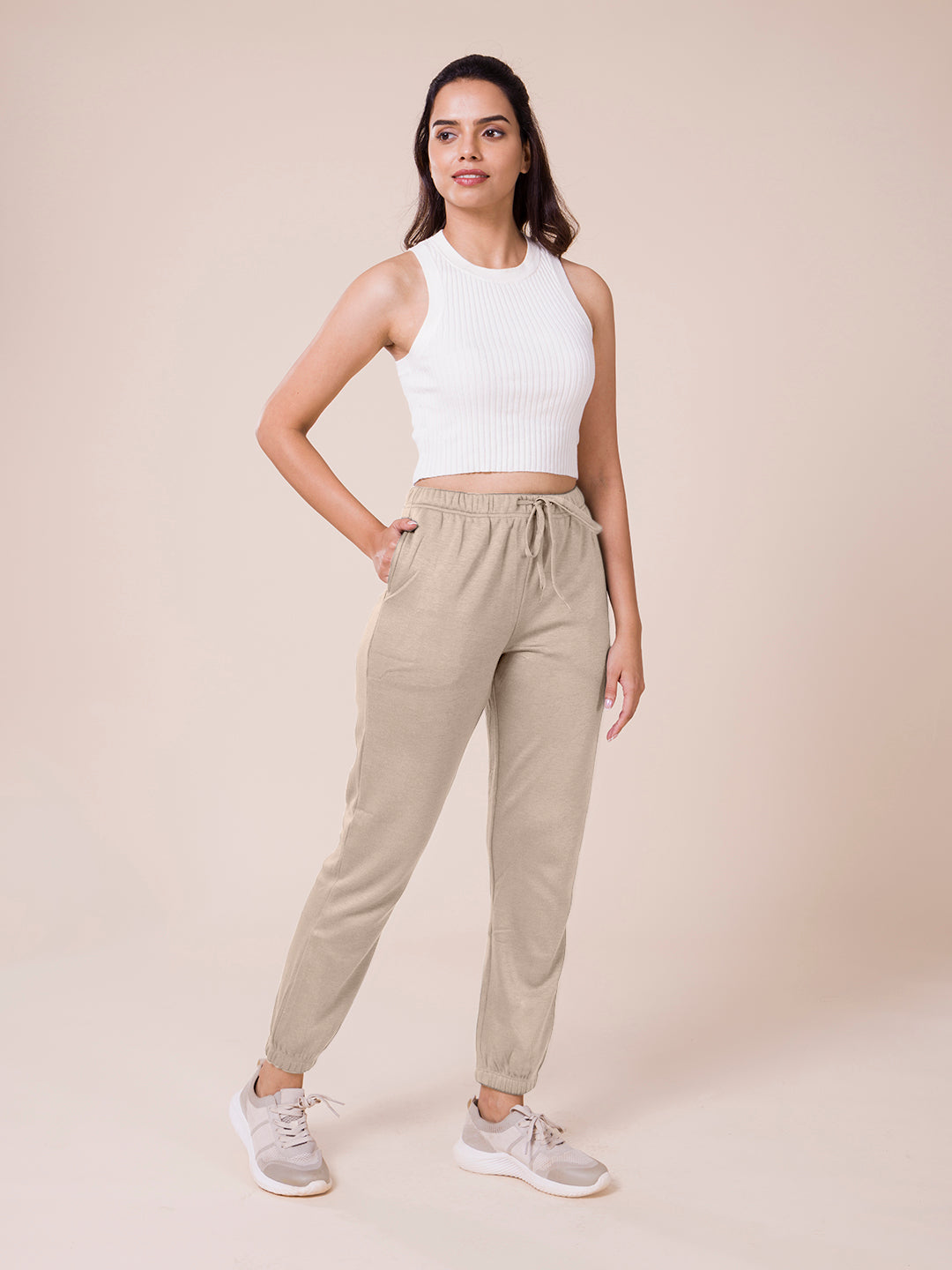 Women Solid Beige Mid Rise Ultra Warm Jogger